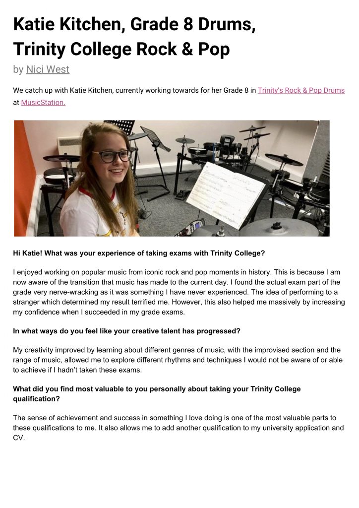 MusicStation Katie Kitchen, Grade 8 Drums Interview p1